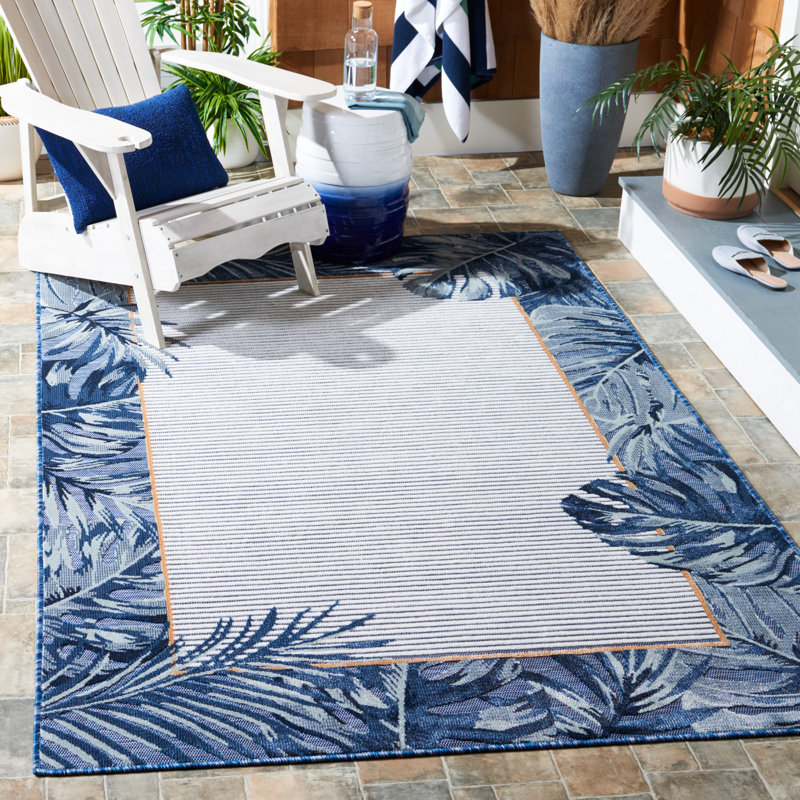Adheesh Floral Ivory/Navy/Yellow Indoor / Outdoor Area Indoor/Outdoor Area Rug, Rectangle 4' x 6'