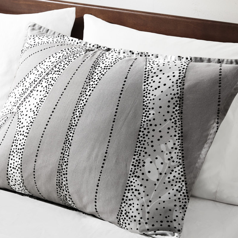 Édredon 3 pièces en coton double / grand gris avec imprimé botanique, rembourrage et 2 taies décoratives, coton, lavage en machine pour un entretien de routine rapide, entretien