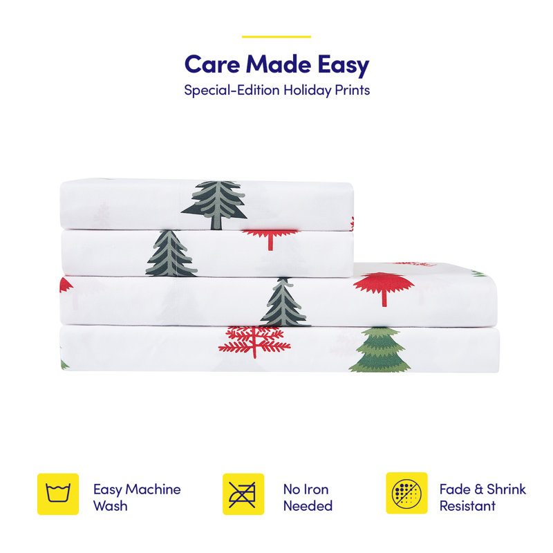 Printed Holiday 4Pc Sheet Sets, Easy Care, Soft & Wrinkle-Resistant Holiday Bedding - Holly Trees, Queen