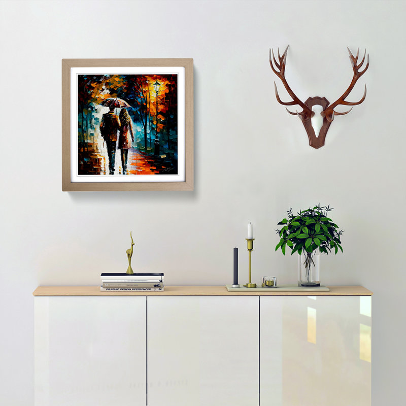 Lovers Palette Knife Painting - Single Picture Frame Print on Wood, Oak