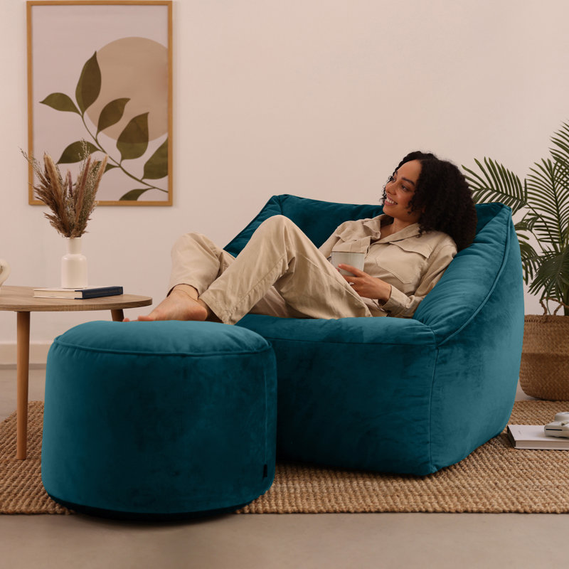 Natalia Velvet Armchair Bean Bag and Round Footstool, Teal Green