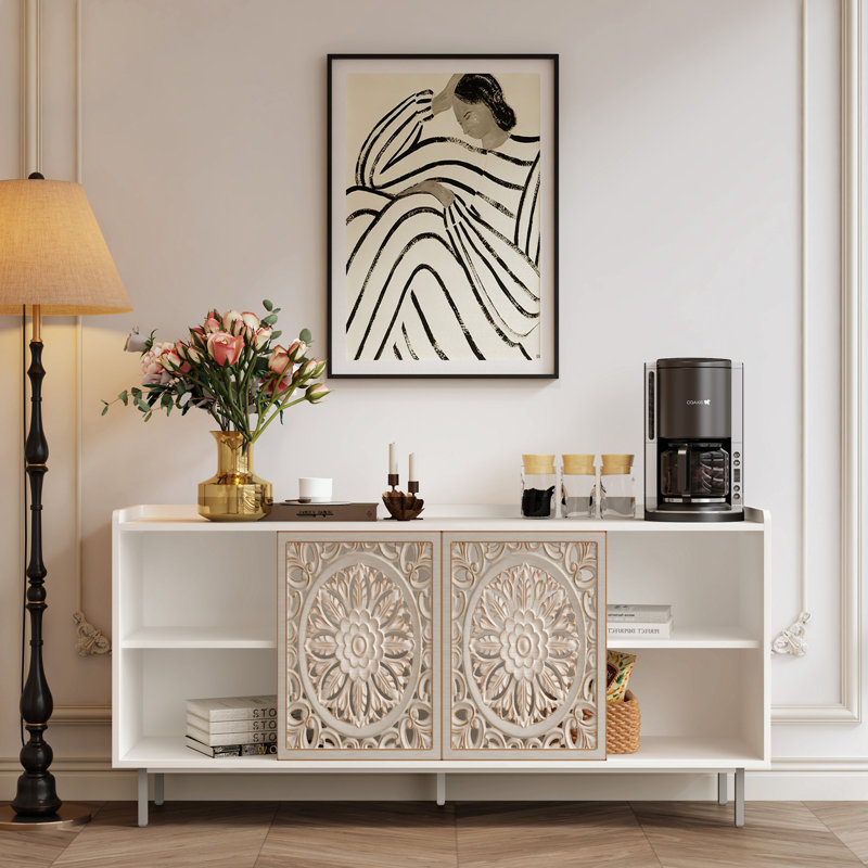 Meuble télé moderne avec 2 portes coulissantes et tablette de rangement ouverte