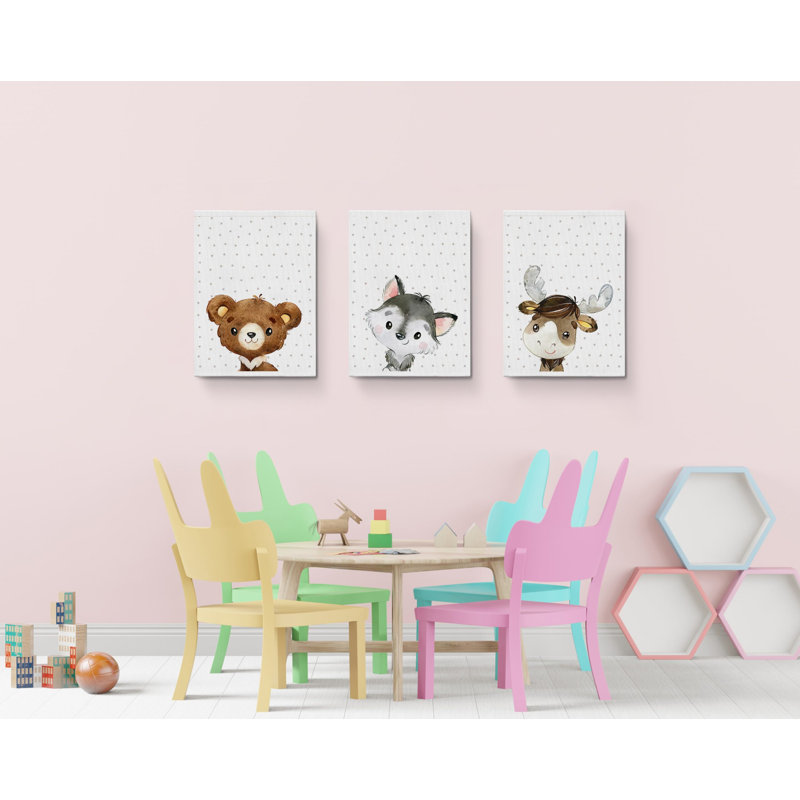 «Cute Fox Bear Deer», reproduction de toile tendue - 3 pièces, 30" H x 60" W