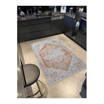 Tapis orange lavable décoratif à motif traditionnel orange