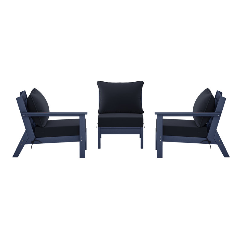 Ensemble de conversation à assise profonde 3 pièces avec coussins, Marine, Navy Blue
