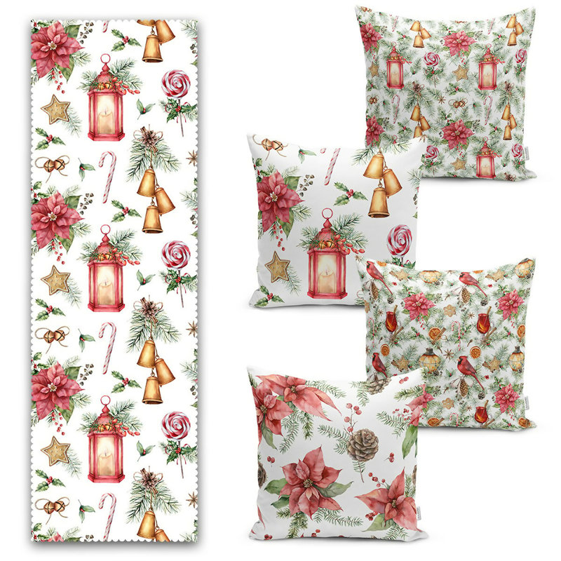 Chemin de table de Noël et housses de coussins décoratifs - Ensemble décoratif 5 pièces pour la salle à manger ou le salon des Fêtes