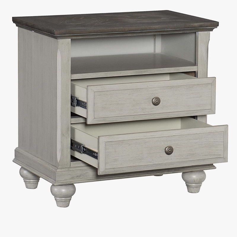 Table de chevet classique avec finition gris clair et 2 tiroirs