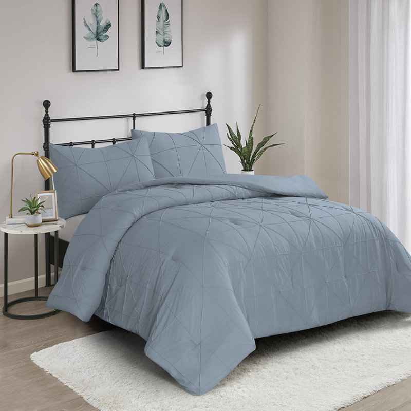 Ensemble d'édredon en microfibre Hartford Pintuck, Édredon pour très grand lit + 2 taies décorativ, Bleu