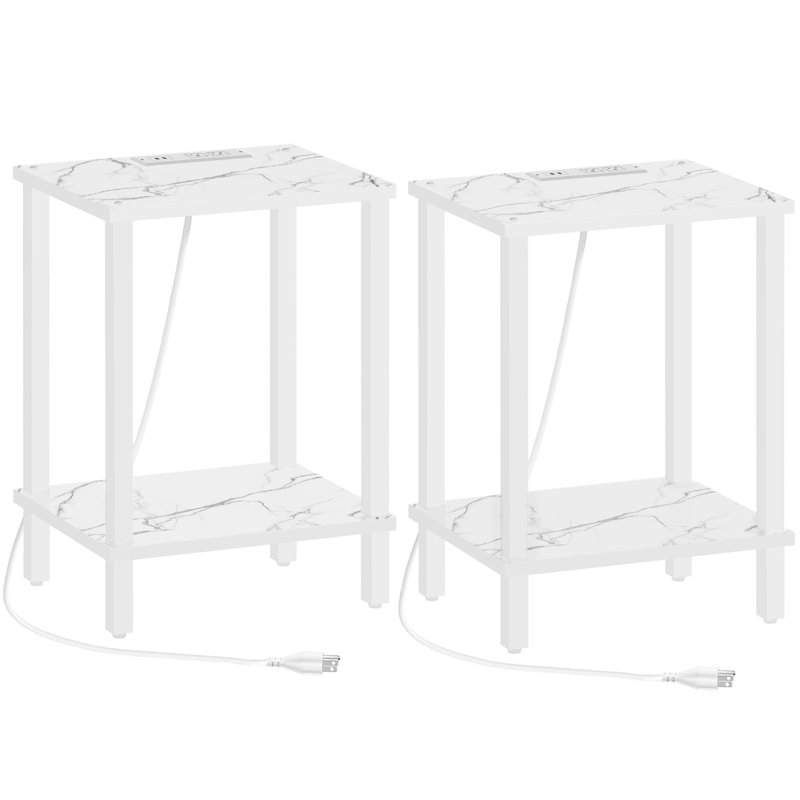 End Table with Charging Station, Marble White