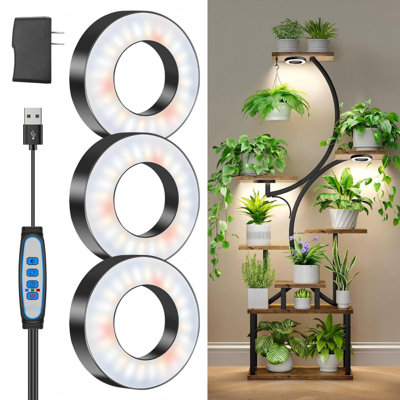 Lampe de croissance horticole de 3,5 po pour plantes d'intérieur, spectre complet, 5 V/3 A, 144 DEL, lampe halo à installer sous un meuble, minuterie automatique 6/12/16 h, 3 modes d'éclairage, 5 niveaux de luminosité, tête triple pour étagère à plantes