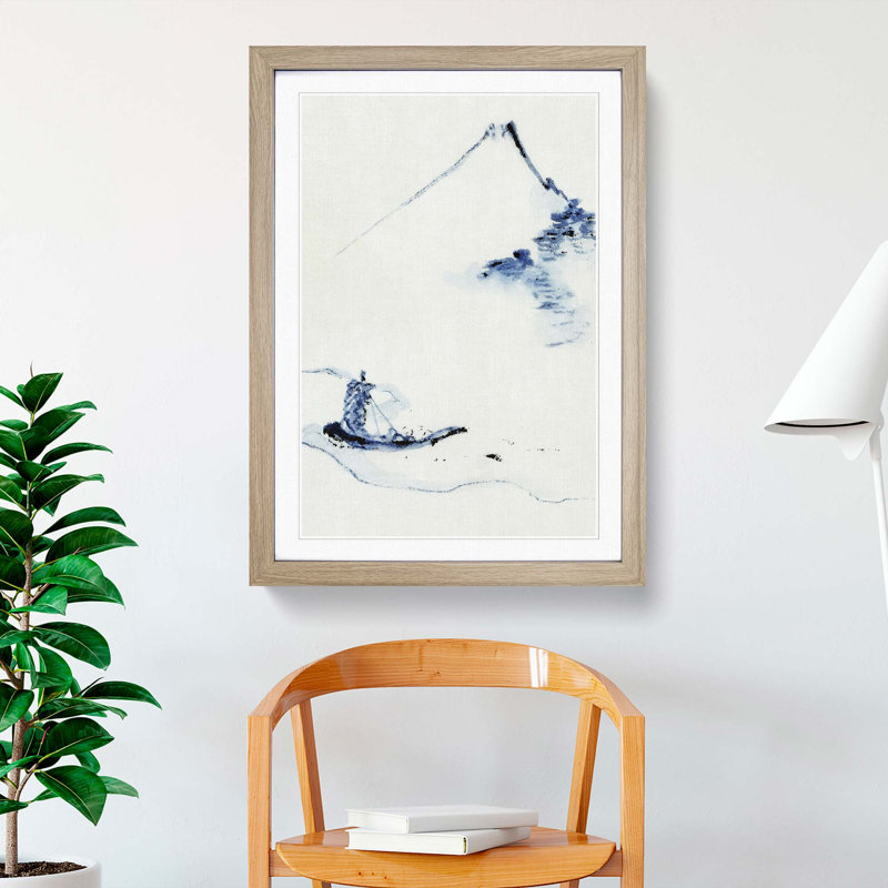 Boat on a River by Mount Fuji by Katsushika Hokusai - Picture Frame Painting Print, 48cm H x 36cm W x 2cm D, Oak Framed