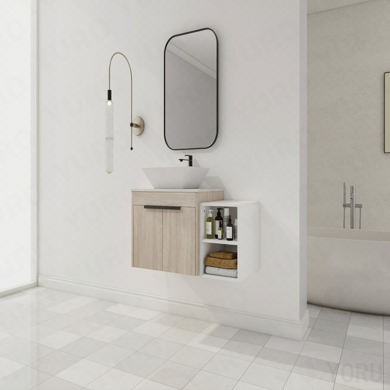 Meuble-lavabo flottant de 36 po au design moderne avec lavabo d'art en céramique, dalle de pierre plate blanche et petites tablettes de rangement, porte à fermeture douce