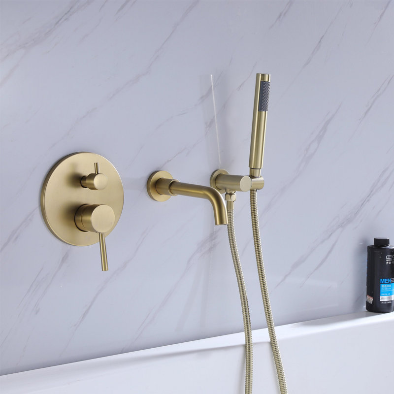 Modern Wall Mounted Bathtub Faucet With Handheld Shower, Bathroom Solid Brass Tub Filler Faucet, Brushed Gold