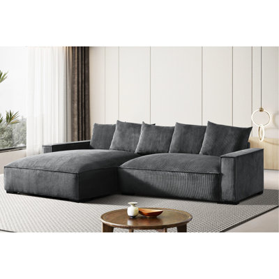 106.7-Inch L Shaped Left Facing Sectional Sofa with Chaise, Corduroy Upholstered Down Feather Filled 2-Piece Modular Couch, Solid Wood Frame Minimalist Deep Seat Sofa for Living Room