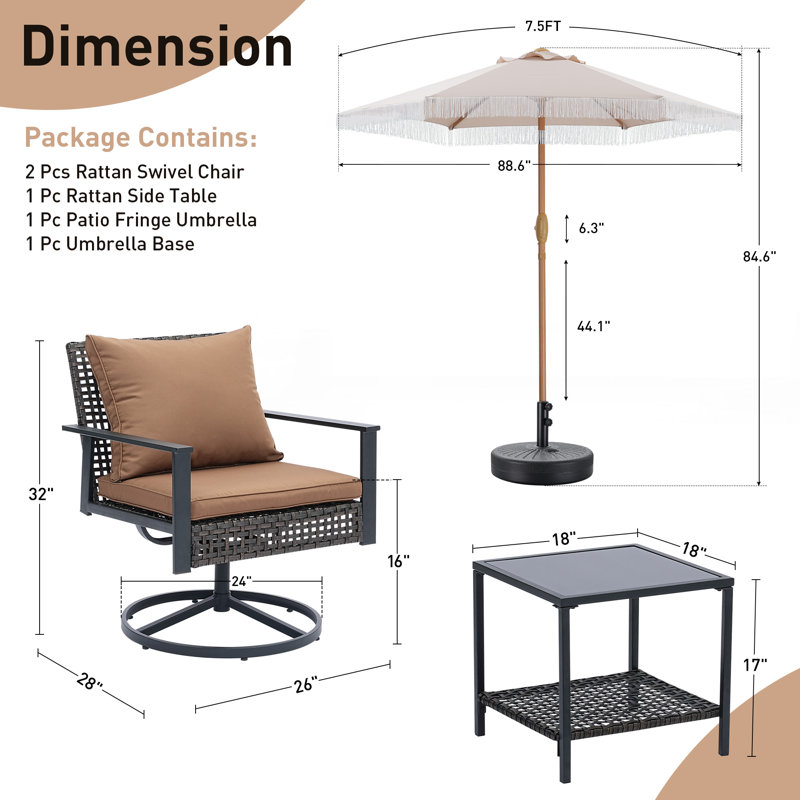 Ensemble de 4 chaises pivotantes d'extérieur 360 avec parasol 4 pièces, Brun, Beige