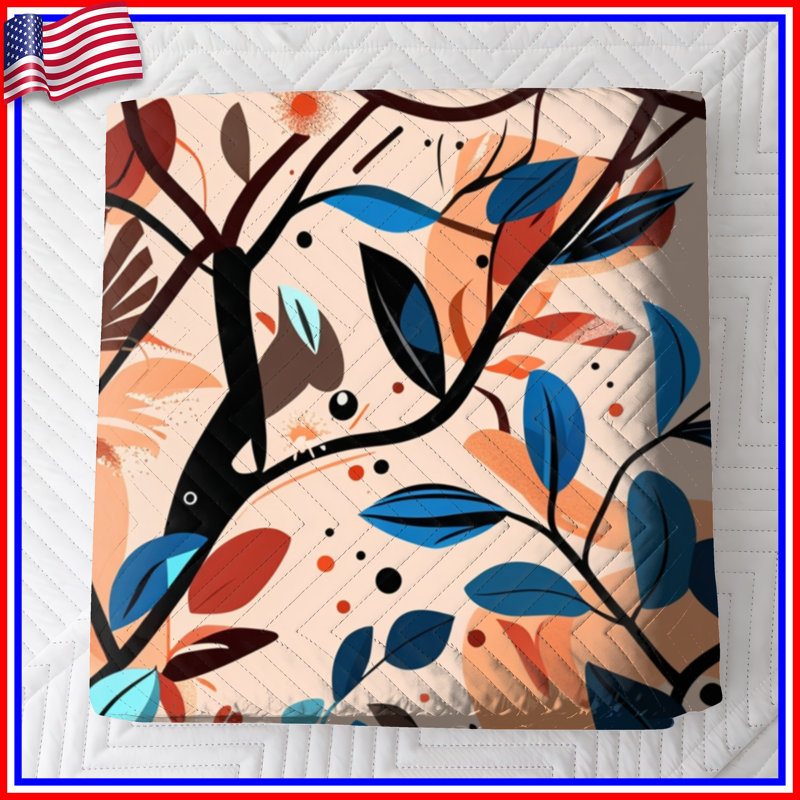 Abstract Blue Leaves Quilted Bedspread All Sizes, Twin