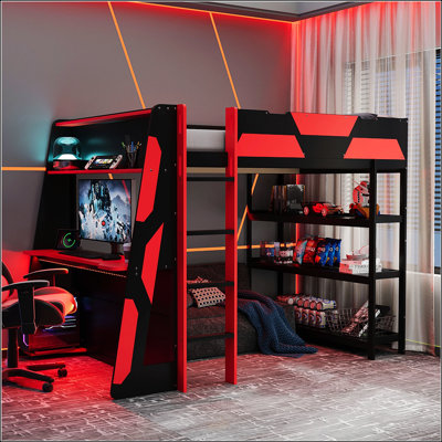 Lit mezzanine double avec bureau intégré, tablettes et lumières DEL pour jouer et étudier