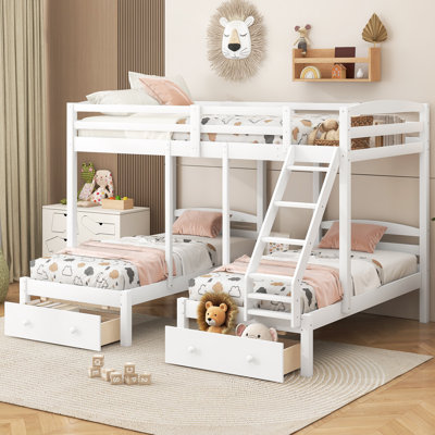 Ilen Modern Solid Wood Triple Bunk Bed with Storage Drawers, Shelves, and Safety Rails
