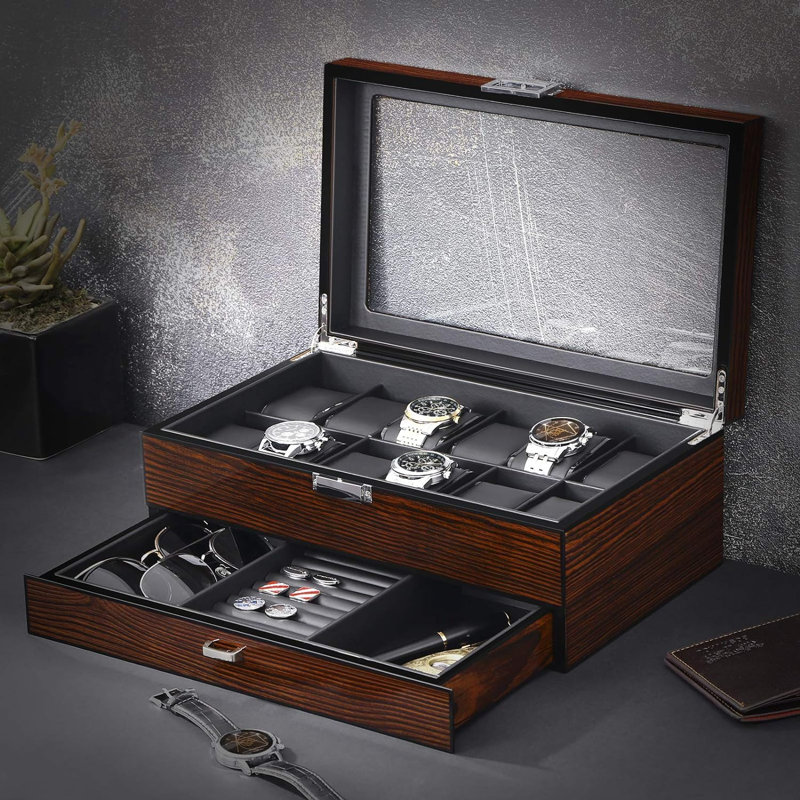 12-Slot Luxury Watch Box with Valet Drawer, Brown