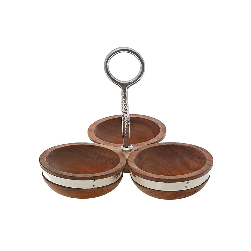 Service de table en bois d'acacia naturel avec 3 sections en nickel martelé