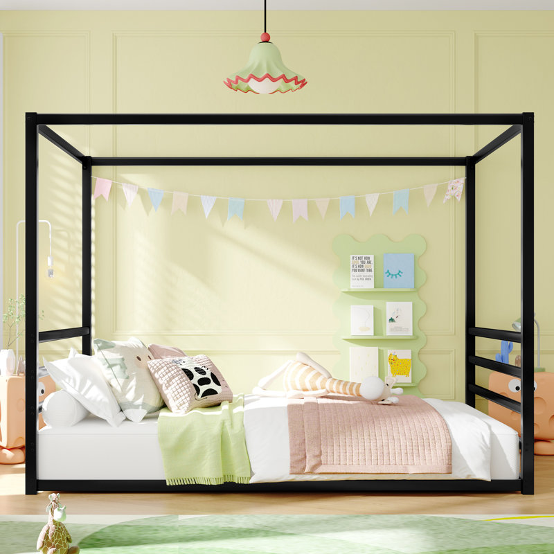 Queen Size Black Metal Floor Bed Frame with Fence Guardrails, Low Platform Modern Bed with Canopy Frame