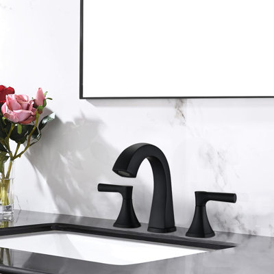 2 Handle Matte Black Bathroom Faucet - Widespread 3 Hole Vanity Sink Tap With Drain, Stain Finish Bath Two Vandal & Spot