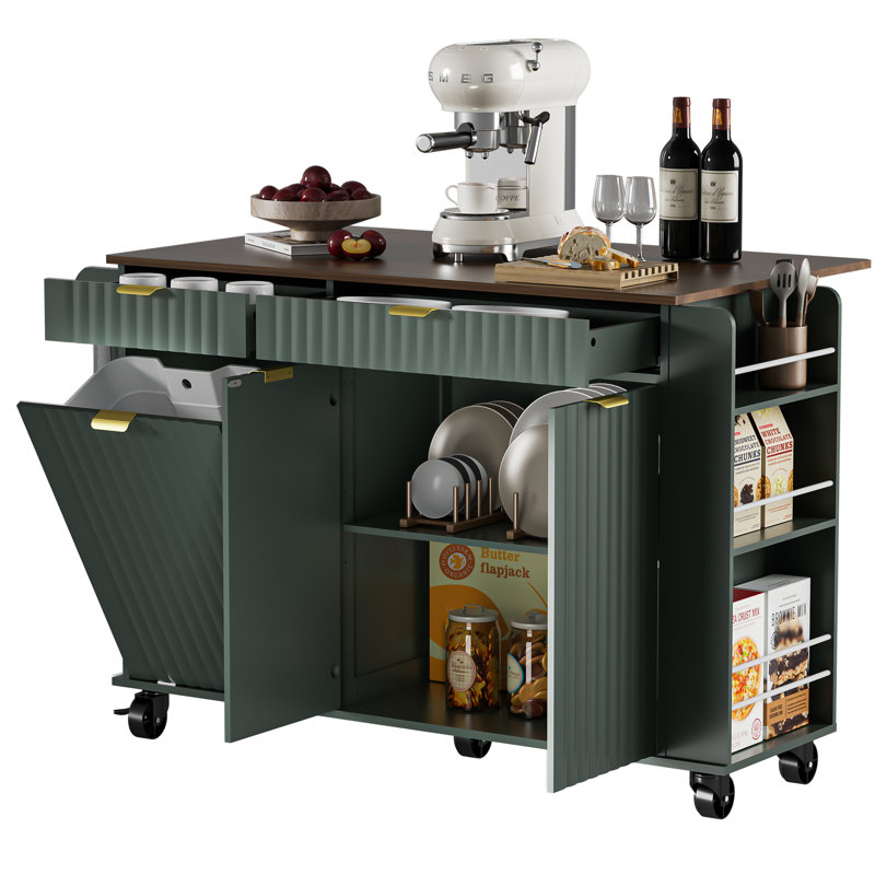 47" Kitchen Island With Wavy Door, Hidden Trash Storage & Drop-leaf Countertop, Rolling Kitchen Cart With Spice Rack, Drawers And Locking Wheels, Mobile Island Table For Kitchen