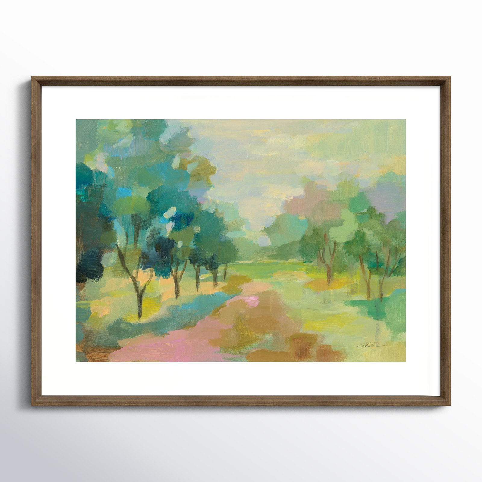 Sunrise Forest Painting by Silvia Vassileva, Light Bronze Framed Paper, 28" H x 35" W