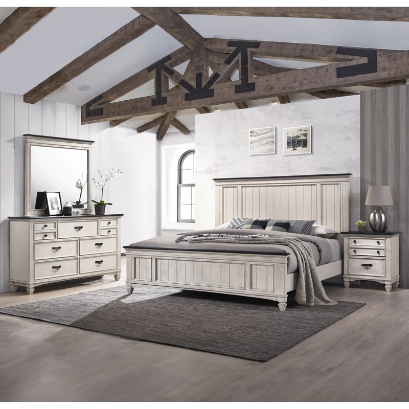 Style Queen Panel Bed, Built-In Bench , Solid Wood, Two-Tone Finish For Bedroom Contemporary Rustic Size Wood Frame, Beige + Brown
