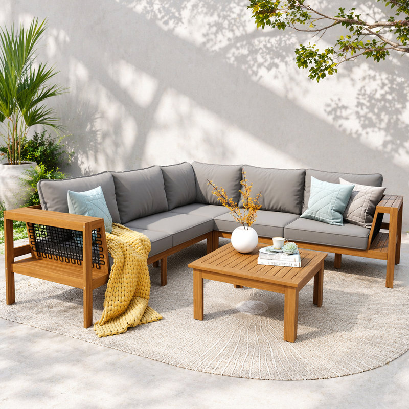 Ensemble de conversation pour canapé d'extérieur en bois d'acacia avec canapé et table basse en L 4 pièces, Gris, Naturel