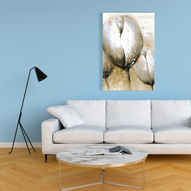 Three Tulips with Typography - Beige Canvas Home Decor