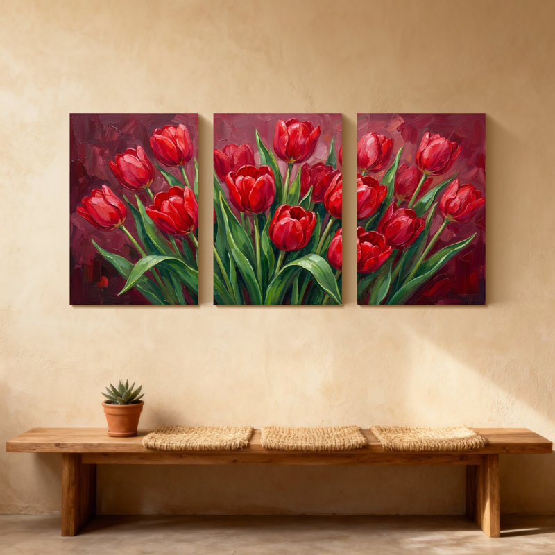 Plantes et fleurs, tulipes rouges sur fond foncé, ensemble de 3 reproductions d'art sur toile, H 36 po x l 72 po