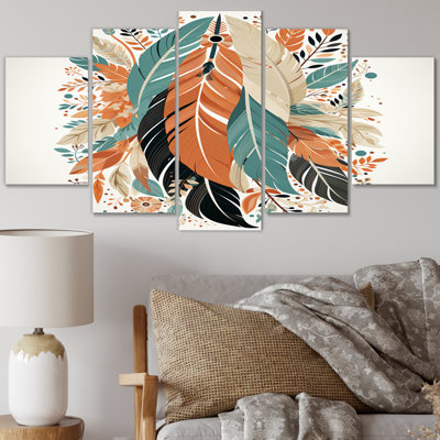 Plumes de bohème rétro en bleu et orange - impression d'art mural attrape-rêves - 5 panneaux