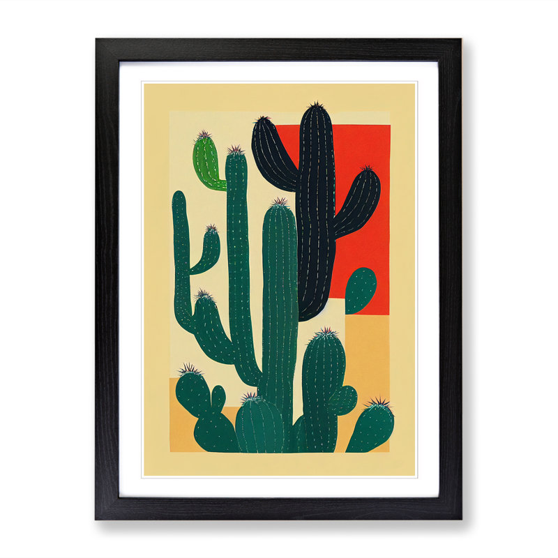 FRM-V0523-345X Cactus Cacti Patchwork - Single Picture Frame Print, 64cm H x 46cm W x 2cm D, Black Framed