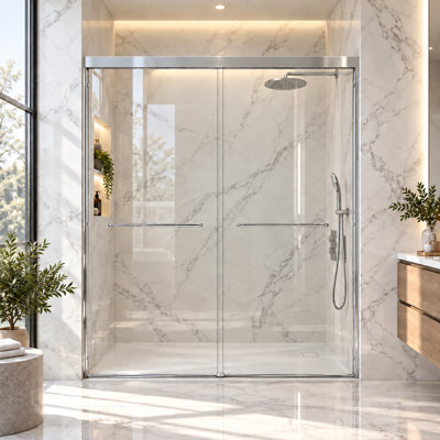 Porte de douche coulissante double semi-encadrée de 142-152 cm (L) x 183 cm (H) avec verre trempé transparent de 6 mm et finition chromée