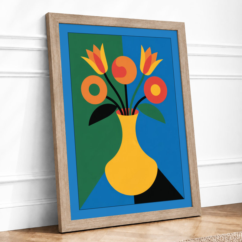 Geometric Floral Vase Mid-Century - Framed Print, A2 - 59.4 x 42.0 cm, Oak