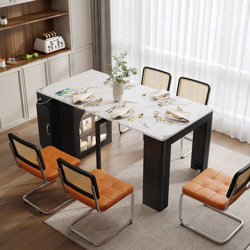 32.7''W Extendable Dining Table With Storage Cabinet，Drawers & Power Outlet For Dining Room And Living Room, Marble White