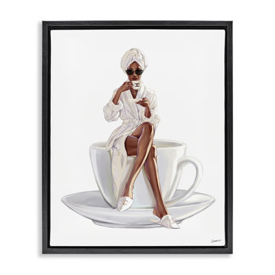 Chic Coffee Teacup Woman Sipping Robe Sunglasses  Jet Black Framed Floating Canvas Wall Art by Ziwei Li