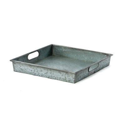 Benzara Square Galvanized Metal Tray With Handle, Grey