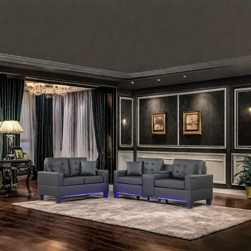 Ensemble de canapé à DEL avec port de charge USB, console de rangement, porte-gobelets et coussins capitonnés pour salon moderne