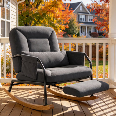 Oversized Rocking Chair with  4-Position  Adjustable Backrest and Retractable Footrest, Rocker Chair with Pillow and Pockets for Living Room, Bedroom ,Balcony, and Nursery , Corduroy 