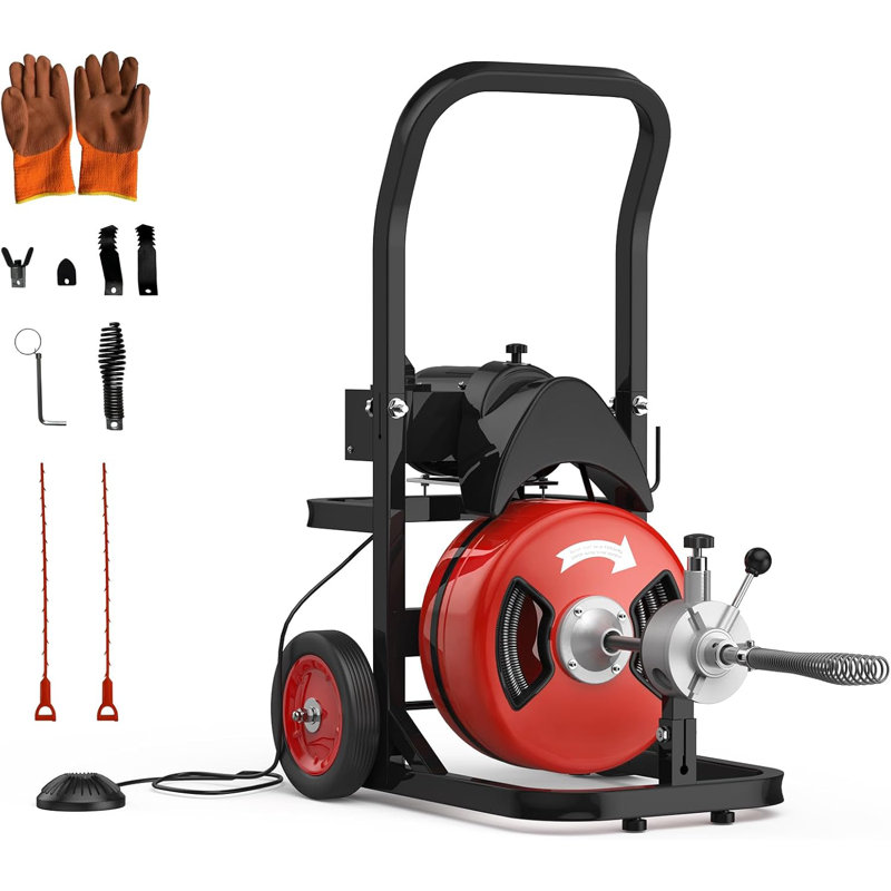75FT 1/2" Electric Drain Cleaner Machine with Auto Feed & Foot Switch, Portable Sewer Snake Auger for 2"–4" Pipes, 6 Cutter Heads Included