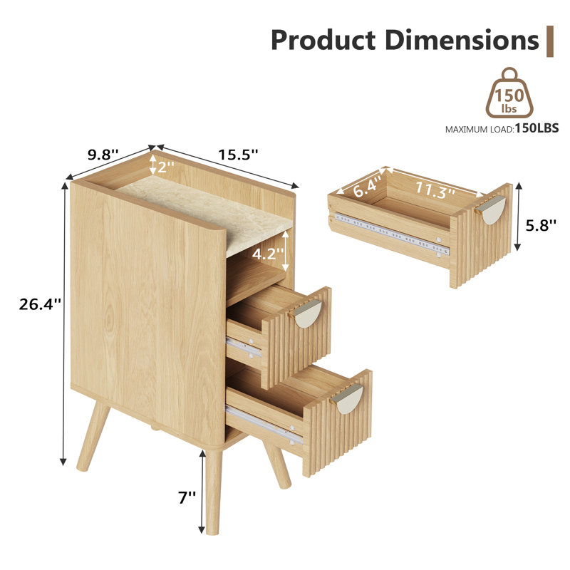 Table de chevet étroite à 2 tiroirs et tablette ouverte, Ensemble de 2, Tanné