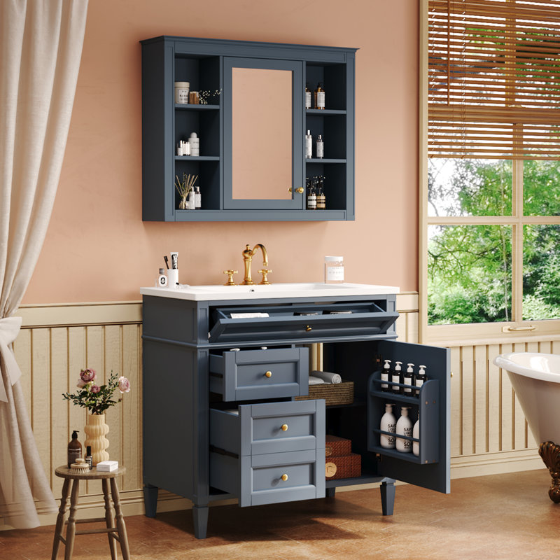Meuble-lavabo simple avec plateau Jayliana, Bleu, Or