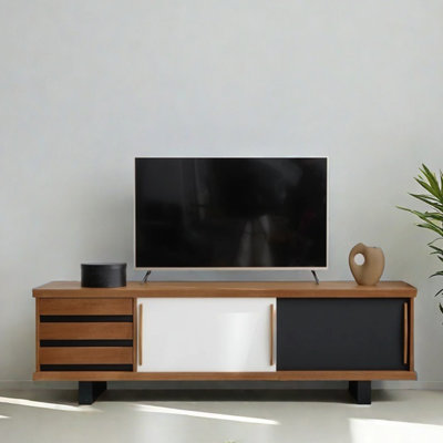 Meuble télé en bois massif à contraste de couleurs rétro