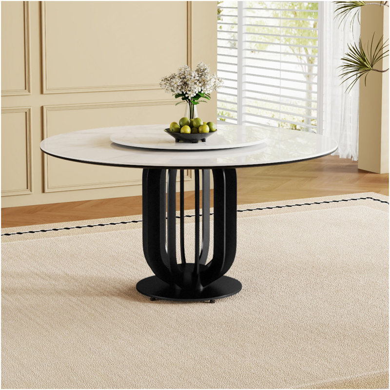 Table de salle à manger 59 "ronde en pierre frittée avec base en acier au carbone noir et plateau tournant 31,5" - pour la cuisine et la salle à manger (table seulement)