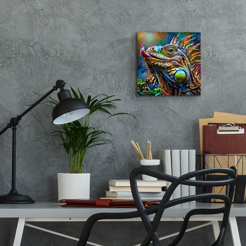 Art mural en verre épique «Iguana» par Pierre Gavidia, 12 po x 12 po