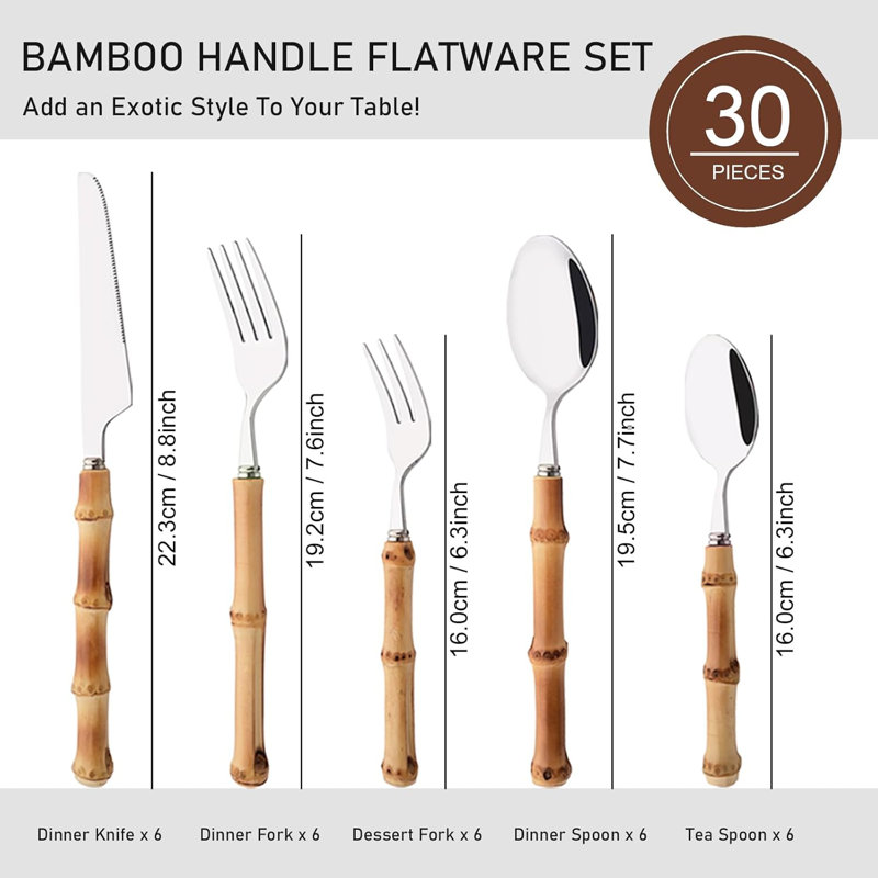 Ensemble de couverts 30 pièces en bambou, coutellerie en acier inoxydable pour 6 personnes, vaisselle polie pour la maison, le restaurant et la fête