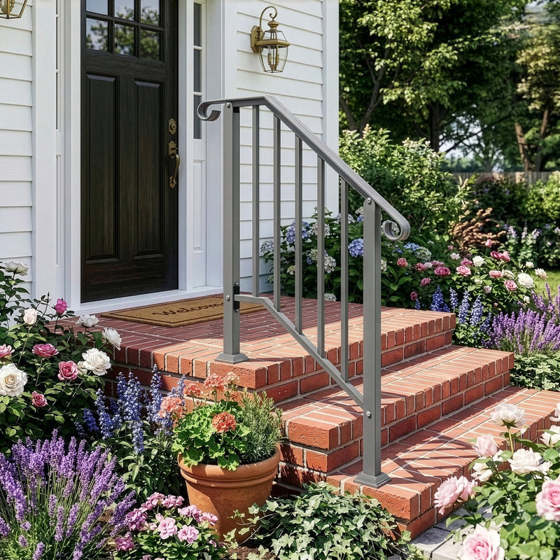 Silver 2 Step Outdoor Stair Handrail, Heavy-Duty Metal Step Railing with Curved Ends for Garden, Residential & Commercial Stairs