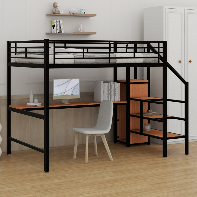 Lit mezzanine en métal avec bureau, escalier de rangement, petite armoire et lumière DEL, Noir / bois